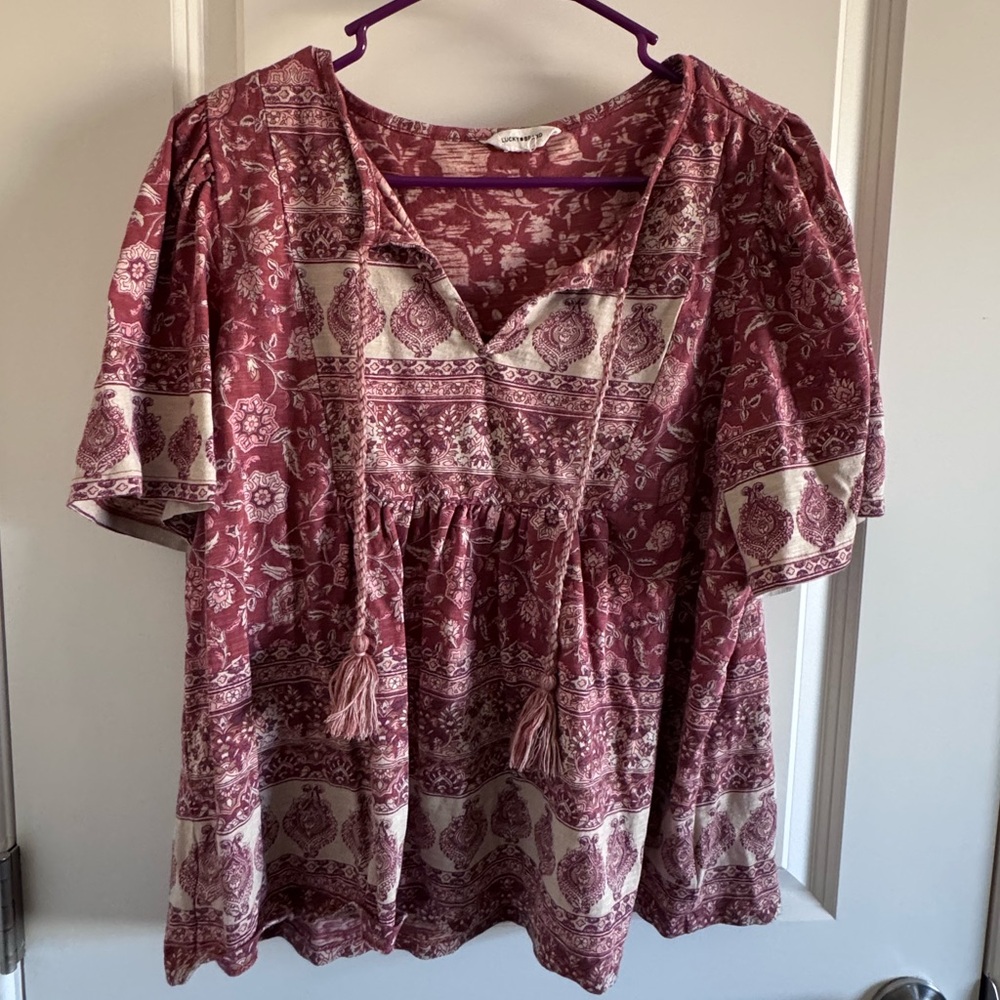 Lucky Brand Red and Cream Patterned Blouse
